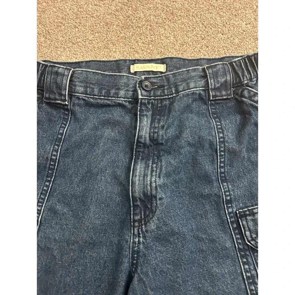 VTG Savane Cargo Shorts Mens 38 Dark Blue Denim Excellent Elastic Waist Utility